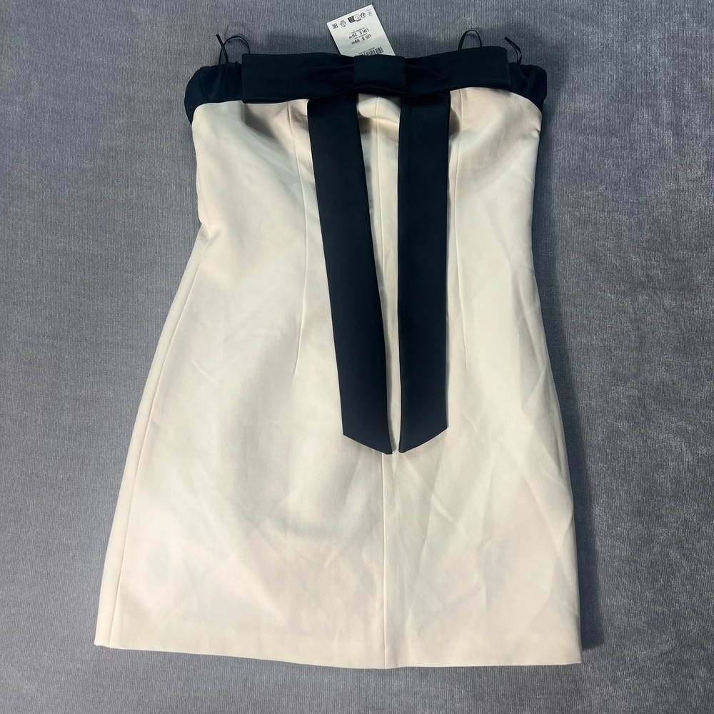 Zara Womens Strapless Bow Mini Dress Medium Oyster White Satin Trim Cocktail-NWT